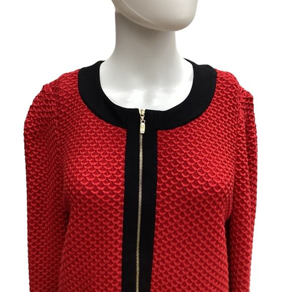 St. John Sport Women’s Cardigan Size 8 Fine Knit Zipper Faux Pockets Red & Black - Picture 2 of 5